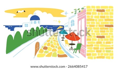 Illustration of a cityscape that evokes the image of a vacation. Vector illustration on white background.