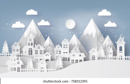 Illustration of cityscape with  Urban Countryside with full moon and snow, Merry christmas and winter season,paper art and  digital craft style.
