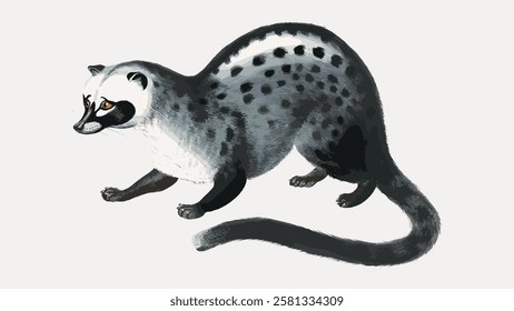 Illustration of a civet with a long tail, spotted fur, and distinctive facial markings. The civet's body is sleek, with a pattern of black and white spots. Vintage animal illustration vector.