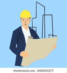 ilustración de un arquitecto civil que estudia planes de construcción y técnicas de trabajo
