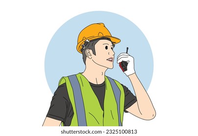 illustration of a civil engineer talking on a communication device with his co-workers