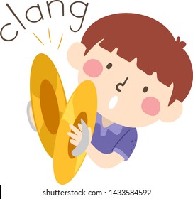 Illustration of Clang Sound and a Kid Boy Using Cymbals. Learning Onomatopoeia