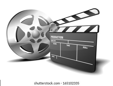 illustration of a clapper board and film reel, symbol for film and video