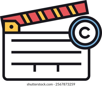 Illustration of a clapperboard with a copyright symbol, representing film production, intellectual property, and media rights