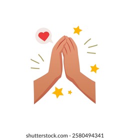 Illustration of clapping hands with dialog box with heart and stars around. Positive ovation, communication, applause. Social interaction. Flat style. Isolated background. Vector.