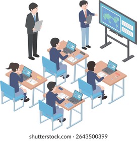 Illustration of a class using a tablet and an electronic whiteboard