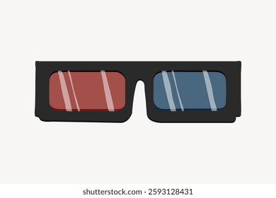 Illustration of classic 3D glasses with red and blue lenses. Retro 3D glasses design, perfect for vintage 3D movie themes. Simple 3D glasses art. Isolated vector illustration.