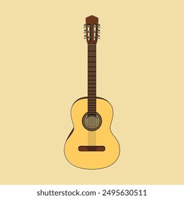 Illustration of a classic acoustic guitar against a plain beige background.