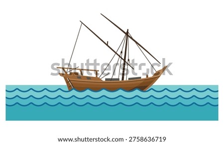 Illustration of a classic Arabian dhow boat gliding on calm ocean waves, evoking maritime heritage and coastal culture. Ideal for travel, history, cultural, and nautical-themed projects.