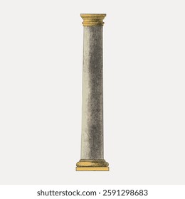 Illustration of a classic architectural column with a gold base and capital. The column is tall and slender, showcasing traditional design elements. Vintage illustration isolated on white, vector.
