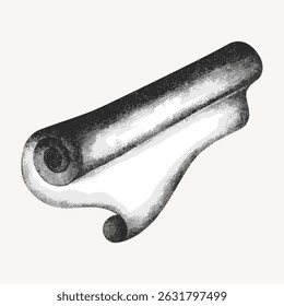 Illustration of a classic architectural scroll, featuring a rolled design. The scroll showcases detailed shading, emphasizing its classic architectural style. Vintage art illustration vector.