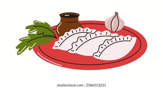 Illustration of classic Asian dumplings arranged on a red plate, garnished with fresh herbs and served with a flavorful dipping sauce, drawn in a stylish vector style.