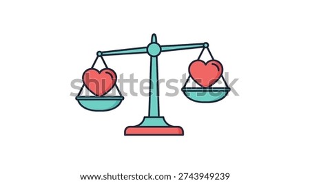An illustration of a classic balance scale featuring two perfectly balanced red hearts, representing fairness, love, and equilibrium in relationships.