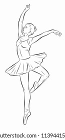 Illustration Of A Classic Ballet Dancer, Black And White Drawing, White Background