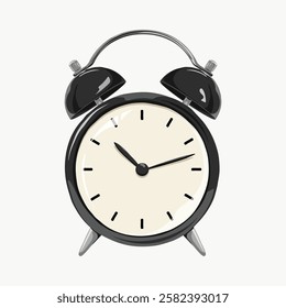 Illustration of a classic black alarm clock with twin bells. Vintage alarm clock design with black and white details. Retro alarm clock art. Aesthetic vector illustration.