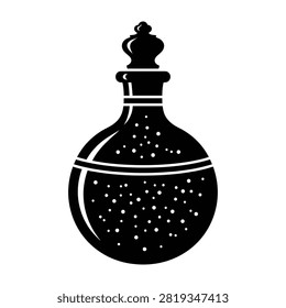 Illustration of a classic black ink bottle with decorative glass stopper. Features dripping liquid texture and vintage style. Perfect for design projects.