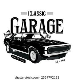 Illustration of a classic black muscle car, isolated on white background, classic 60s American muscle car. classic car vector. Vintage classic car black.