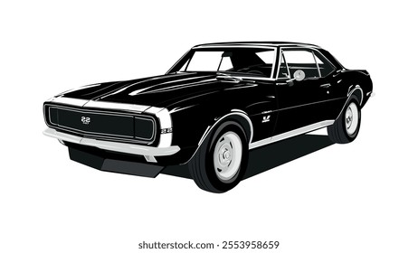 Illustration of a classic black retro custom muscle car template isolated on white background, showcasing an American muscle car design. Vintage classic car 