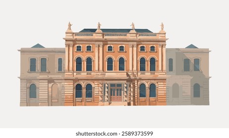 Illustration of a classic building with ornate architecture. The building features large windows and detailed facades, showcasing historic architectural design. Vintage illustration isolated, vector.