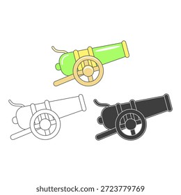 Illustration of a classic cannon in three different styles. Cannon for Ramadan celebrations. Vector illustration.