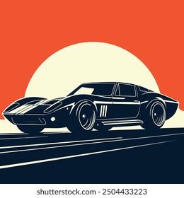 An illustration of a classic car on a road.