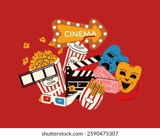 Illustration of a classic director’s chair, megaphone, film tickets, and red carpet setup, representing filmmaking and directing, drawn in a stylish vector style.