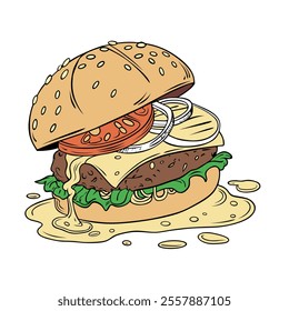 Illustration of a classic cheeseburger featuring sesame bun, beef patty, cheese, lettuce, tomato, and onion. Perfect depiction of fast food and dining for menus, food blogs, or advertisements.