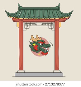 Illustration of a classic Chinese gate structure with a green tiled roof and red pillars, featuring a green dragon emblem on a circular red background.