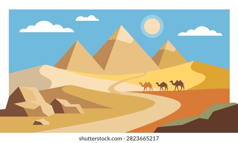 An illustration of a classic desert scene featuring ancient pyramids under a sunny sky, with three camels walking on a winding path through sand dunes.