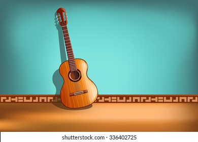 illustration of classic guitar on blue background with front view