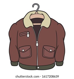 Illustration of a classic leather jacket on a hanger on a white background
