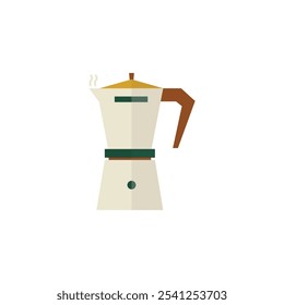 Ilustración de una olla moka clásica, una cafetera de estufa conocida por elaborar café fuerte, mostrada con un diseño minimalista y vapor sutil. se establece sobre un fondo blanco limpio