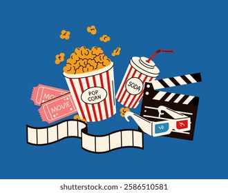 Illustration of a classic movie night setup featuring popcorn, soda, film tickets, and a clapperboard, designed in a fun and modern vector style.