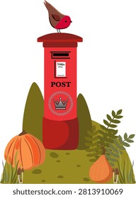 An illustration of a classic red British mailbox standing on an autumn field. A small bird is perched on top, surrounded by orange pumpkins, mushrooms, and autumn foliage. The design captures a blend of British charm and seasonal autumn coziness. Perfect for greeting cards, themed content, blog visuals, and creative projects