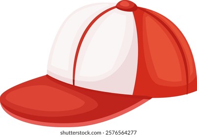 Illustration of a classic red and white baseball cap, showcasing a sporty design. The cap features a curved brim and panel construction, ideal for casual and athletic wear