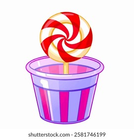 Illustration of classic red and white swirled lollipop placed in a bucket. Perfect for candy shops, simple logo, display, crafted, printed, and packaging designs.