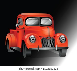 Illustration of classic retro style pickup truck. Vintage transport vehicle. Isolated on black and white background 