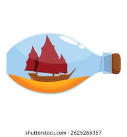 Ilustração de um veleiro clássico com velas vermelhas dentro de uma garrafa, evocando um senso de aventura, viagem e exploração