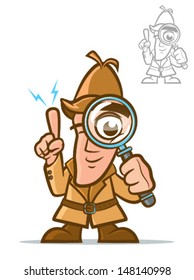 Illustration of a classic sleuth with magnifying glass/Vector Detective Cartoon Character