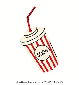 Illustration of a classic soda drink cup with red and white stripes and a straw. Flat design style representing a takeaway beverage.