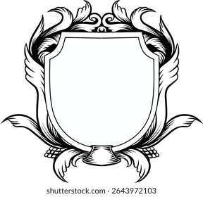 Illustration of a classic style crest frame with symmetrical ornaments on the right and left sides. This black and white image is suitable for logo design, banners or vintage graphic decoration