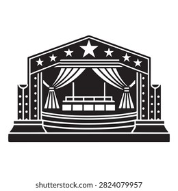 Illustration of a classic theater stage with draped curtains and starry backdrop
