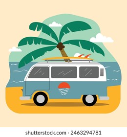 illustration of classic van and surf board on the beach, summer design elements, summer beach background