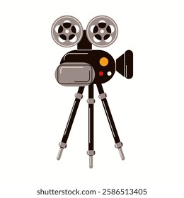 Illustration of a classic vintage film camera on a tripod, representing traditional filmmaking and cinematography, drawn in a clean and stylish vector style.