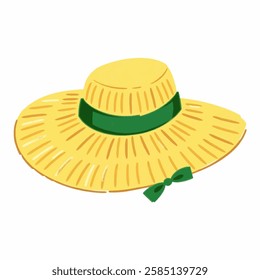 Illustration of a Classic Wide Brimmed Straw Hat with a Green Ribbon, Perfect for Gardening and Outdoor Use A light straw hat with a soft green ribbon, perfect for sunny days, gardening, and outdoor c