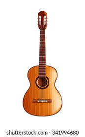 illustration of classic wooden guitar with front view on white background