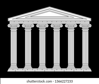 Illustration of classical antique Greek, Roman palace, building, temple. White linear silhouette. 