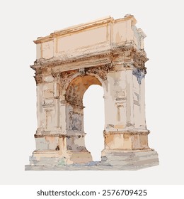 Illustration of a classical arch, featuring detailed stonework and historical design. The arch stands prominently, showcasing its architectural elegance. Isolated vintage vector element.