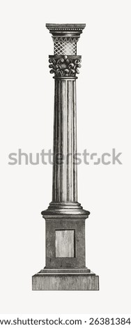 Illustration of a classical column with ornate capital and fluted shaft. The column stands tall, showcasing classical architecture and intricate design details. Vintage art illustration vector.