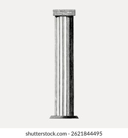 Ilustração de uma coluna clássica com ranhuras verticais, uma capital redonda e uma base quadrada. O design da coluna é simples e elegante, mostrando a arquitetura clássica. Vetor de ilustração vintage.